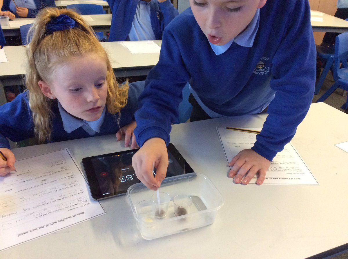 Year4BedfordPr1's tweet photo. Does all chocolate melt at the same speed? 4K enjoyed investigating this question in our science lesson. Ask your child what we found out #changingstate #scienceisfun @BedfordPrimary https://t.co/tvIJyol95q