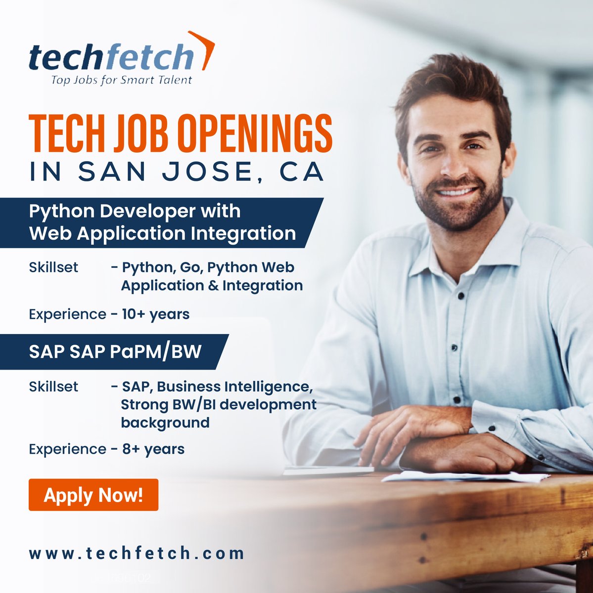 techfetch's tweet image. Explore the latest tech job openings in San Jose, CA. Click on the links below to view &amp;amp; apply.

Python Developer with Web Application Integration - bit.ly/3kKqPZx
SAP SAP PaPM/BW - bit.ly/3kKAHTa

#pythondeveloper #SAP #webapplication #pythonlanguage #techjobs
