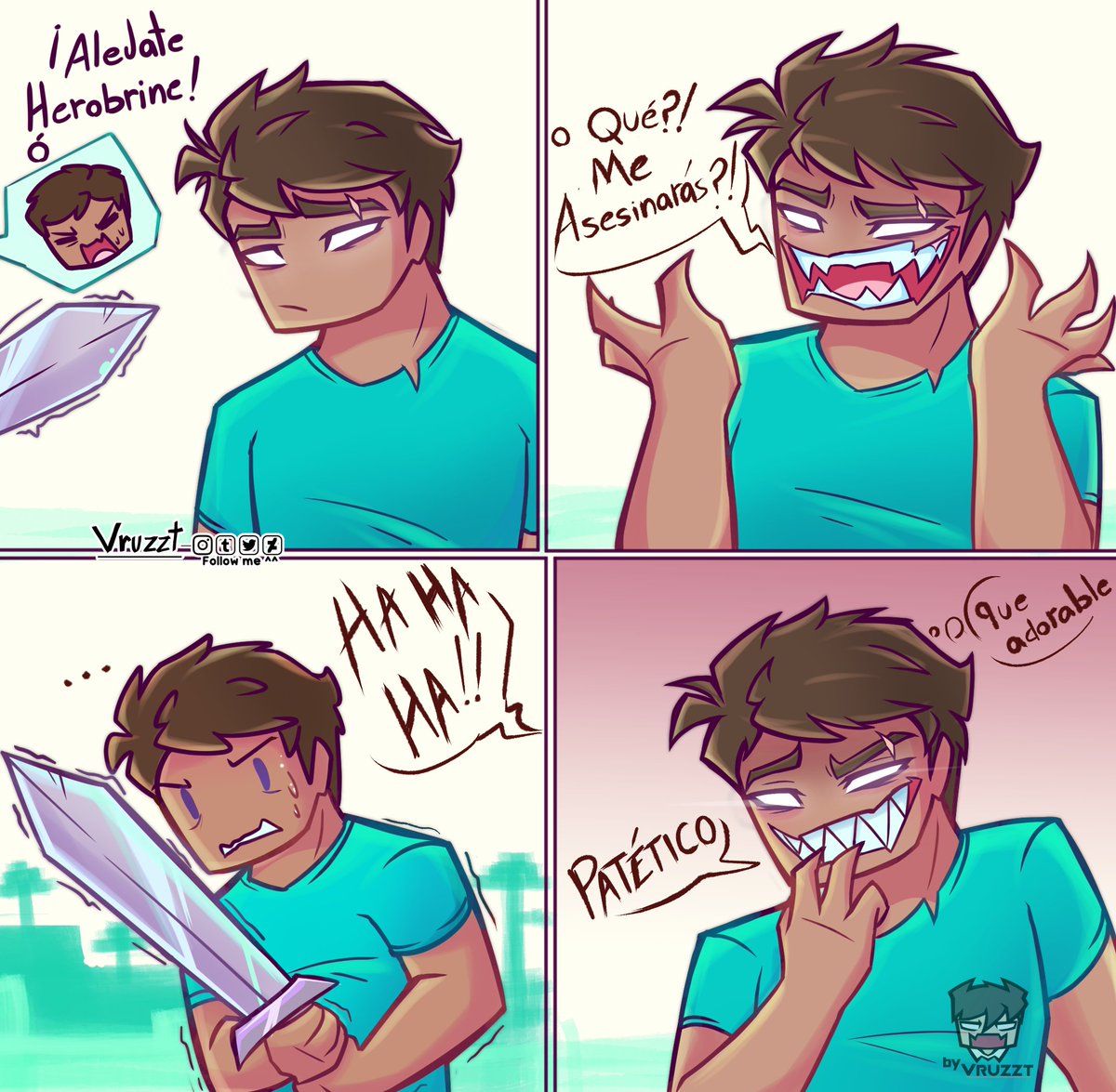 E aqui un mini comic de los primeros encuentros entre Herobrine con Steve (  ͡° ͜ʖ ͡°), Herobrine normalmente asesina a cualquiera que intente atacarlo,  pero con Steve fue una excepción de, image size:1200x1175