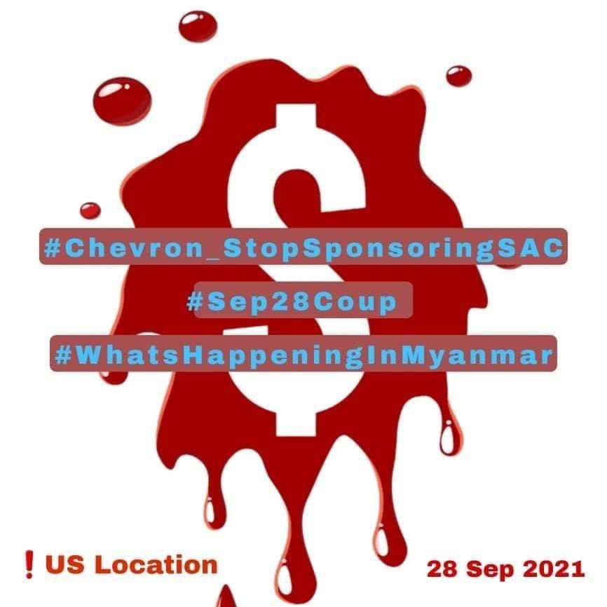 BrightRedRose7's tweet photo. @Chevron   Chevron is responsible for all war crime in Myanmar.  Chevron - Stop accessory to murder.
#FreezePaymentsToJunta   #Sept28Coup. #WhatsHappeningInMyanmar https://t.co/tfbKFUXO6u