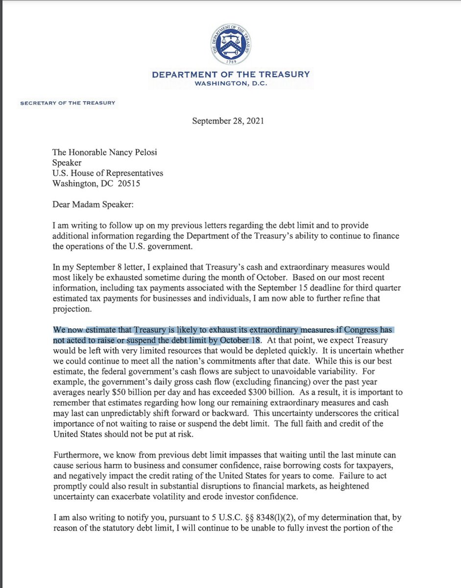 Annie_Andersen's tweet image. InBox: @USTreasury Sec. Janet Yellen says the US has just about 3 weeks until it is expected to default. &quot;Treasury is likely to exhaust its extraordinary measures if Congress has not acted to raise or suspend the debt limit by October 18.&quot;
#GetItStraight
@StraightArrow__