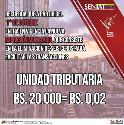 SENIAT_Oficial's tweet photo. Recuerda que a partir del 1º de octubre entra en vigencia la nueva expresión monetaria, que consiste en la eliminación de seis ceros para facilitar las transacciones https://t.co/QiHeLwE9qV
