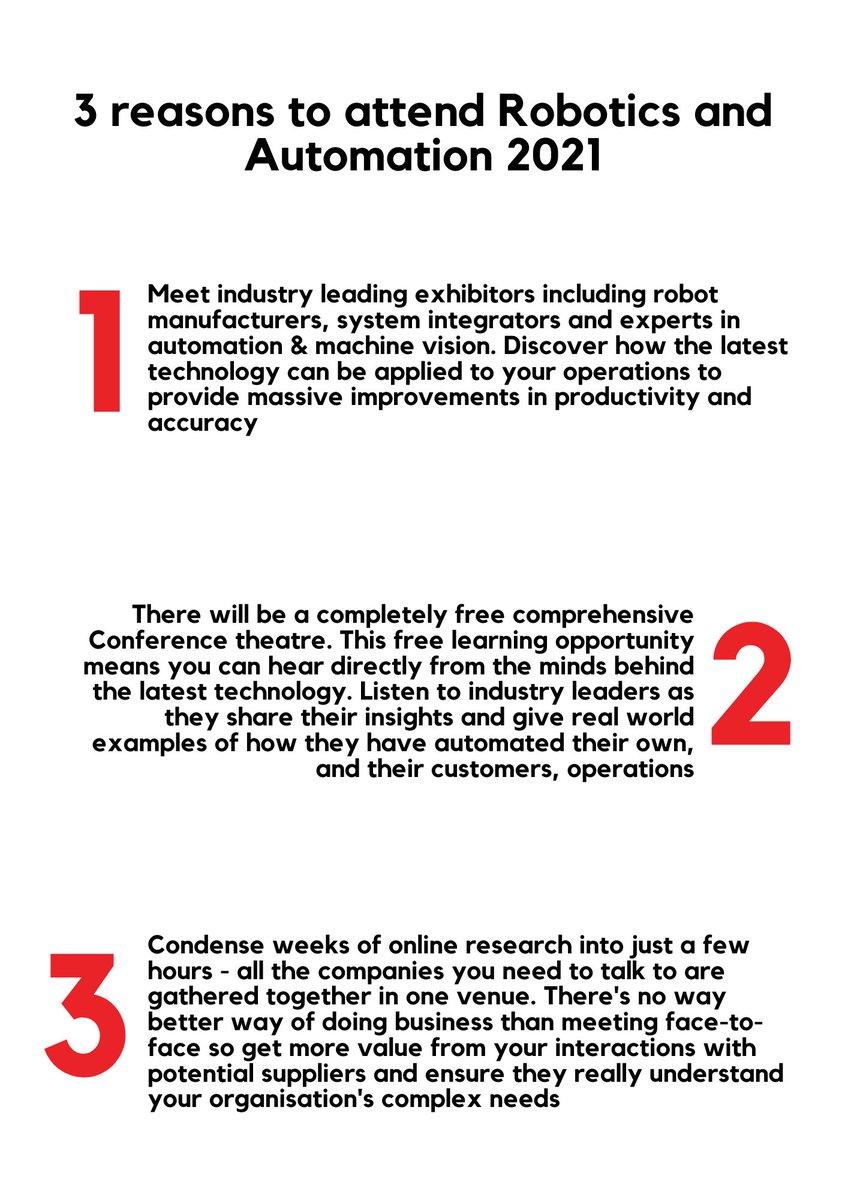 roboticsautoex's tweet photo. Visit this year's Robotics and Automation exhibition in Coventry on 2-3rd November! 

Here are 3 reasons why you must attend!

Register: https://t.co/nwVyoLL9NT

Info: https://t.co/juTTG0Rd2e

#robotics #automation #robots #technology  #exhibition #roboticsauto21 #roboticsautoex https://t.co/7AUyiB32XE