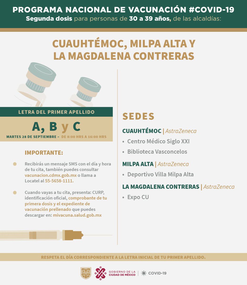 Valentin_M_S's tweet photo. #HOY aplicación de #SegundaDosis de la vacuna contra #COVID19 para personas de #30A39 años de las alcaldías:

Cuauhtémoc, La Magdalena Contreras y Milpa Alta. 

Letras 𝐀, 𝐁 y 𝐂.

Y para personas de #18A29 años de la alcaldía Xochimilco. 

Letras 𝐃, 𝐄, 𝐅 y 𝐆.

@GobCDMX https://t.co/APL0uHBsyH