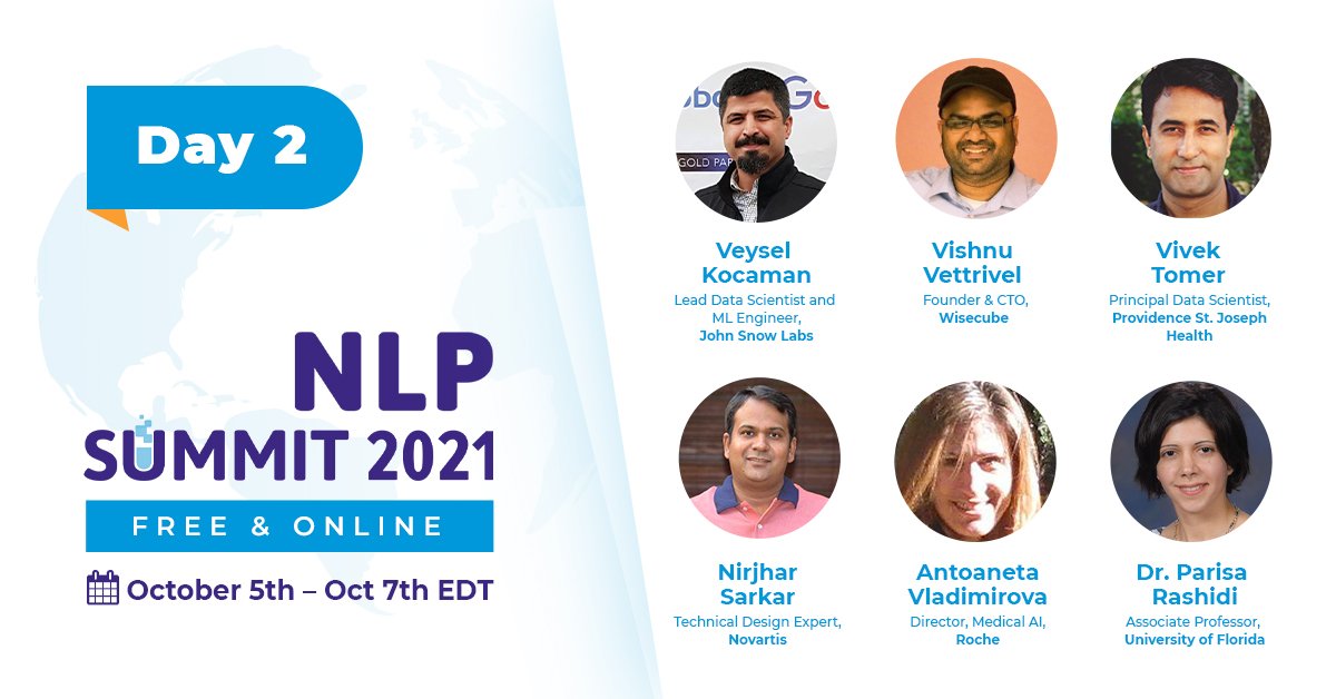 JohnSnowLabs's tweet image. #NLPSummit 2021: three days of immersive, industry-focused content for #AI Practitioners. Learn from 50+ unique sessions, with a special day devoted to #NLP in #Healthcare and another focused on NLP in #Finance. The second week features training #workshops with #certifications.