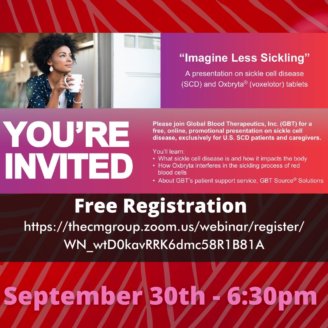 SCAFCincy's tweet photo. If you're a #SickleCellWarrior or #SickleCell caregiver, we'd like to extend this invitation to you. This virtual event by @GBT_news will be held on 9/30 at 6:30pm EDT.  Register for this free event https://t.co/0t4AxBtg7T

#SickleCellAwareness #RaiseAwareness #Oxbryta #ScafCincy https://t.co/27A94wullO