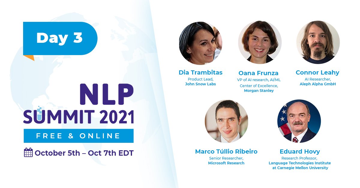 JohnSnowLabs's tweet image. #NLPSummit 2021: three days of immersive, industry-focused content for #AI Practitioners. Learn from 50+ unique sessions, with a special day devoted to #NLP in #Healthcare and another focused on NLP in #Finance. The second week features training #workshops with #certifications.