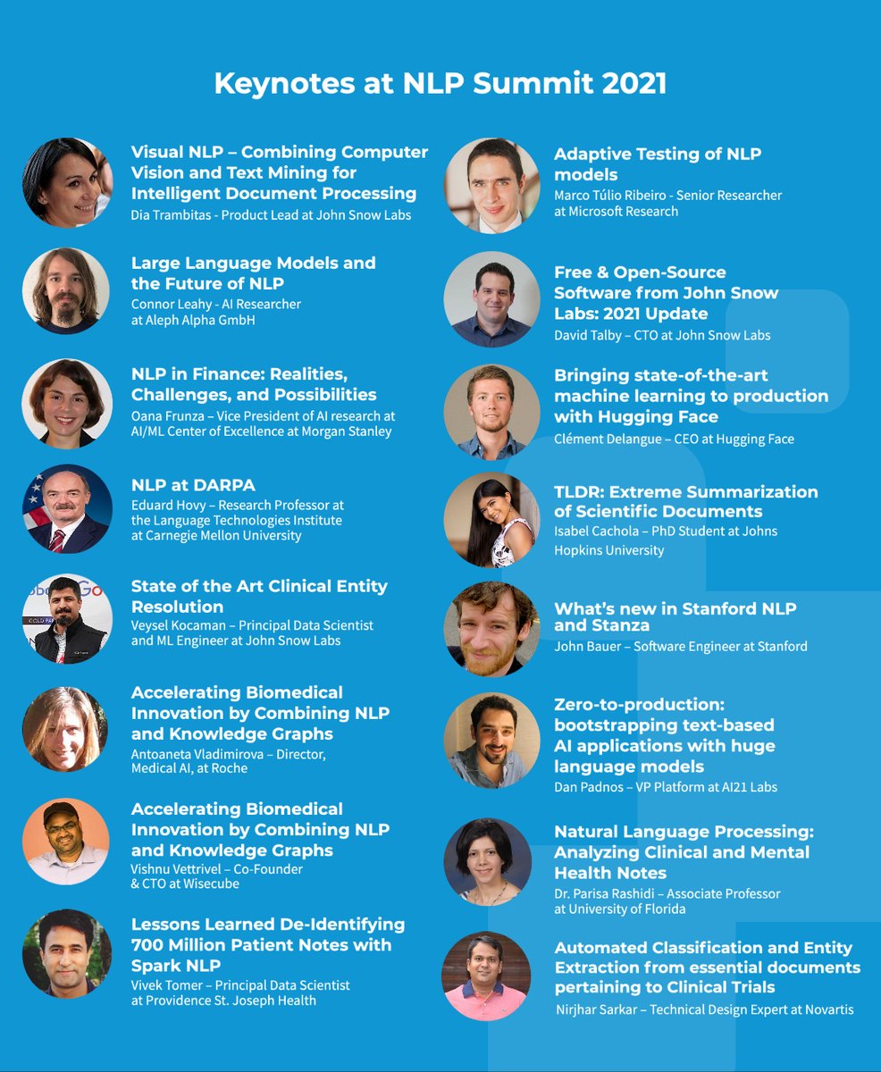 JohnSnowLabs's tweet image. #NLPSummit 2021: three days of immersive, industry-focused content for #AI Practitioners. Learn from 50+ unique sessions, with a special day devoted to #NLP in #Healthcare and another focused on NLP in #Finance. The second week features training #workshops with #certifications.