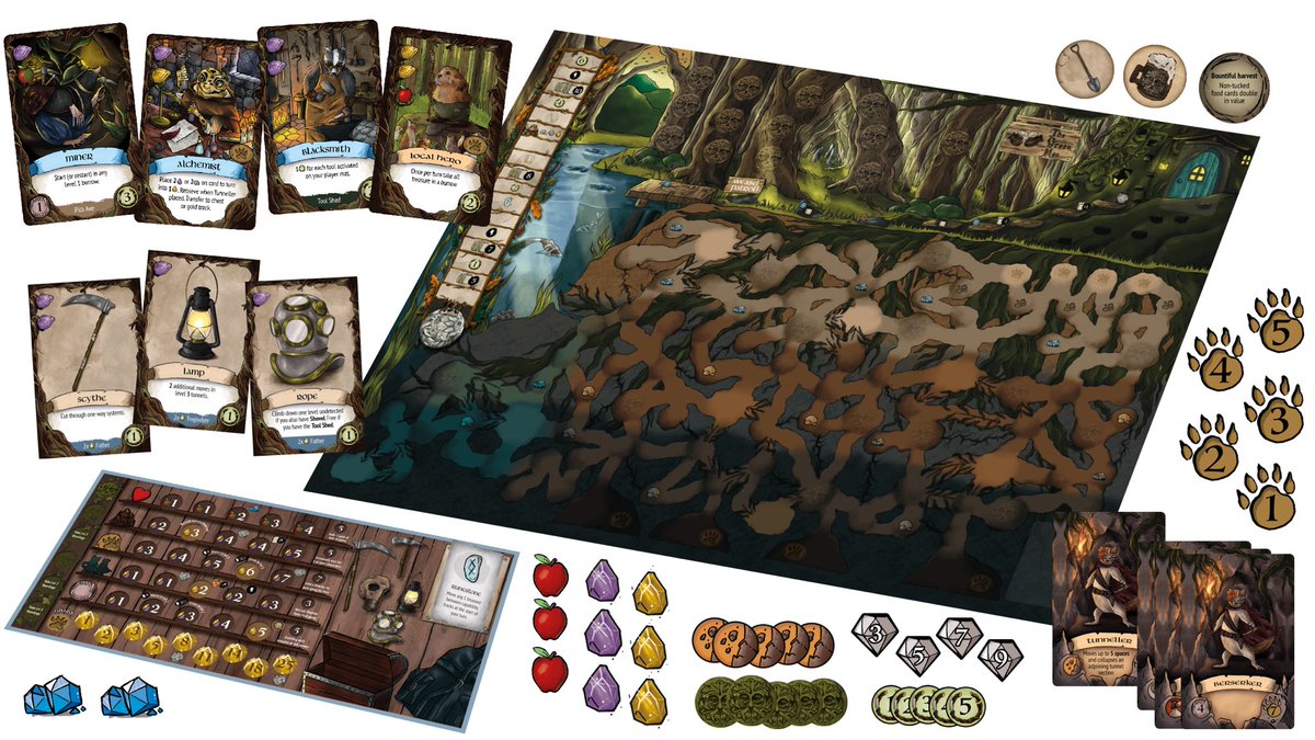 A little taster of board, cards and components from Undergrowth: A Tunnel Crawling Quest. #boardgames #boardgame #boardgamedesign #tabletopgames #gamedesign #boardgamegeek #undergrowth #ボードゲーム #棋盘游戏 #eurogame #tabletopgaming #boardgamegirl #charactercards #components