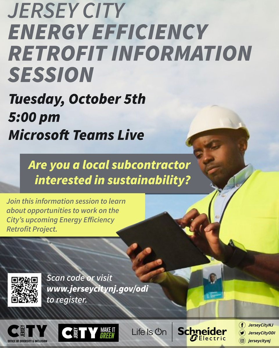 🏗️ The City of Jersey City is collaborating w/ the Schneider team to move towards achieving the goals of the 2021 Climate &amp; Energy Action Plan. Join the JC Office of Diversity &amp; Inclusion and Schneider Electric for a virtual info session on 10/5 at 5pm.
🔗 bit.ly/3kKBmE6