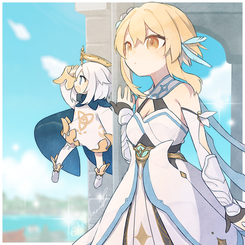 蛍|ほたる(原神) ,パイモン(原神) 「原神1周年おめでとうー 」|あくのイラスト