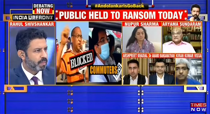 newslaundry's tweet photo. On Times Now, Rahul Shivshankar told a panelist representing the farmers’ views, “You are holding innocent people, who have nothing to do with your protest, to ransom.”

Meanwhile, the channel ominously flashed the hashtag #AndolankarisGoBack. https://t.co/ZgfZGcIcwJ