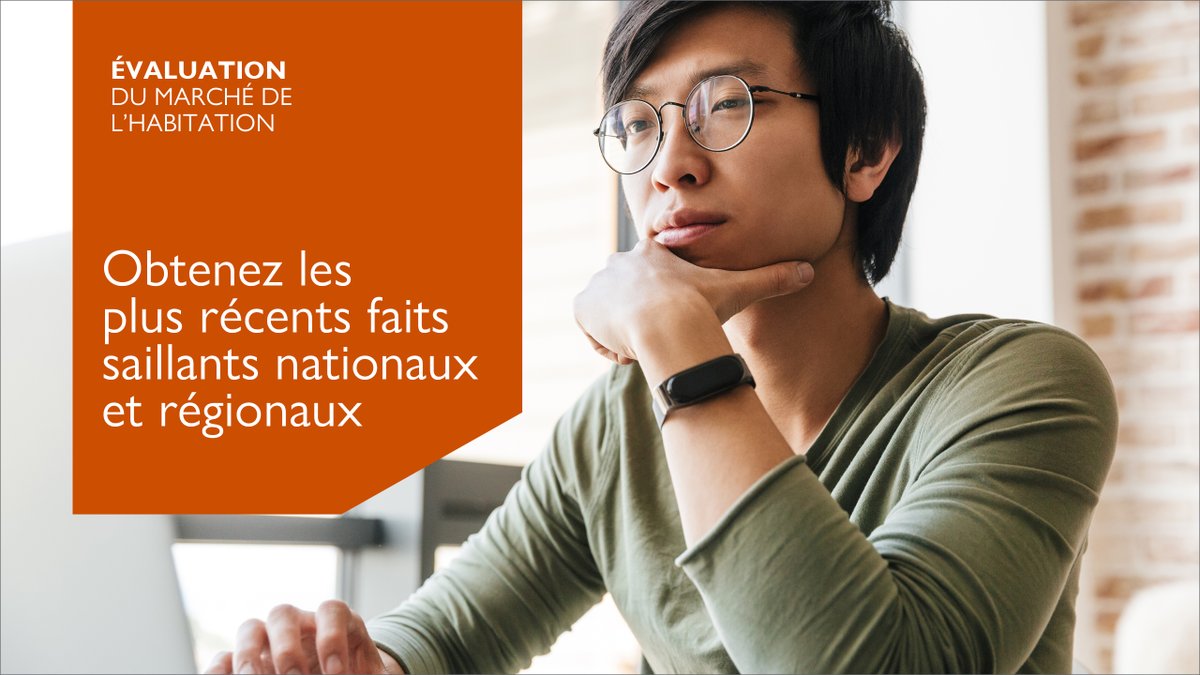 Une personne à l’intérieur avec un air pensif. Texte à l’écran : Évaluation du marché de l’habitation Obtenez les plus récents faits saillants nationaux et régionaux 