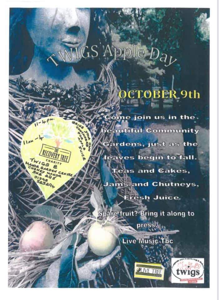 PollySparky's tweet photo. Apple Day
Saturday 9th October 11-4pm
Enjoy @TwigsSwindon just as the leaves begin to fall 🍎 Teas & savouries 🍰 jams & chutneys Apple press; bring your spare fruit & containers 🍎 🍏
#appleday @swindonhour #Wiltshour #positiveswindon #thisisswindon #bettermentalhealth https://t.co/s95KQBY1vu