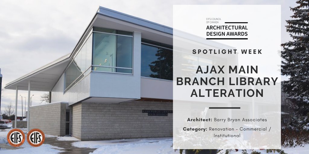 Today’s feature is the Ajax Library Building Alteration in Ajax ON by Barry Bryan Associates. Over 20 years the bldg envelope saw a large amount of degradation. <a href="/StoCanadaLtd/">Sto Canada Ltd.</a> STO Panel Ci Therm &amp; STO Ventec system was used to rebuild the envelope w/ modern bldg science techniques