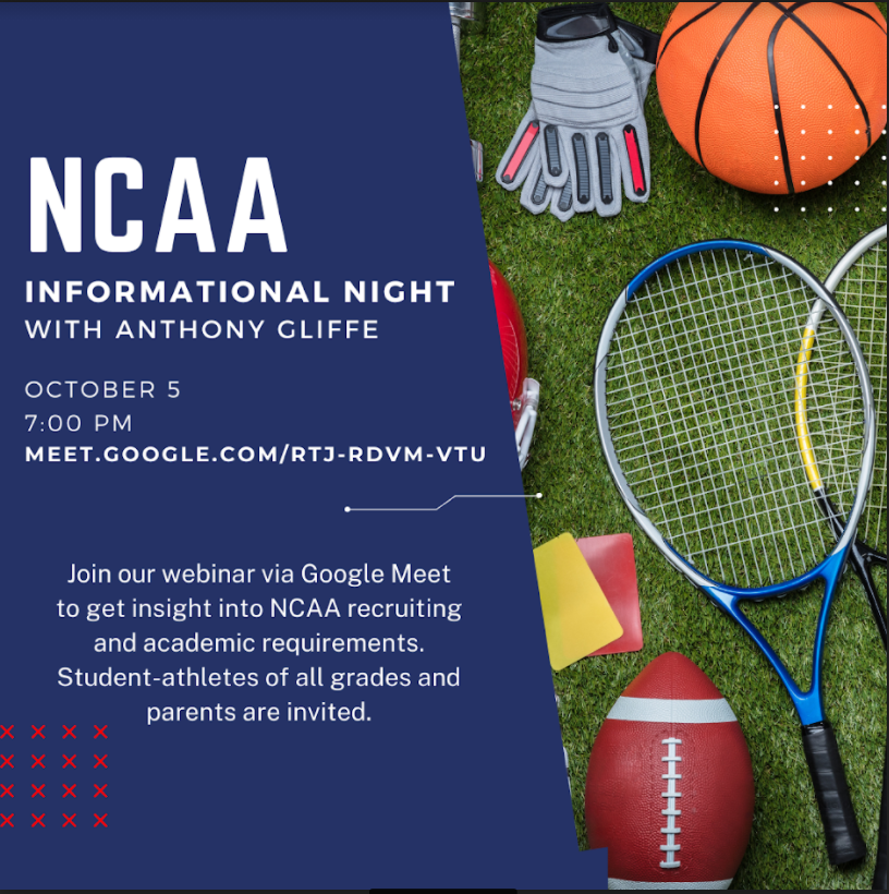 Student-athletes of all grades and parents are invited to the NCAA Information Night on October 5th at 7pm. The presentation will be virtual.
