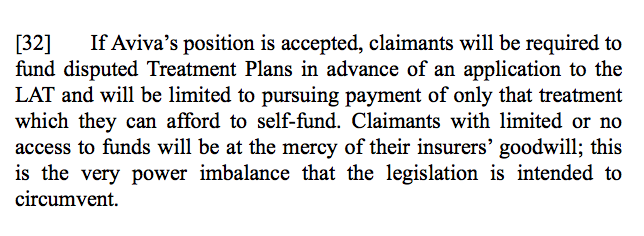 The most Aviva argument ever: "yes you needed treatment, yes we wrongly refused to fund it leaving you struggling for years... but this is all YOUR fault, poor out-of-work-accident victim, for not having the money to just pay for it yourself." <a href="/AvivaCanada/">Aviva Canada</a>
canlii.org/en/on/onscdc/d…