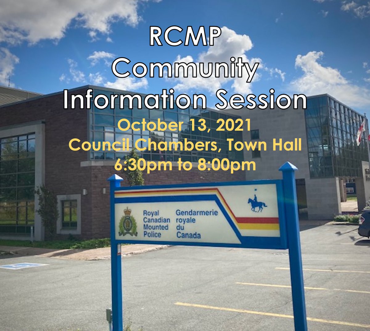 Residents are invited to a community information session on Oct 13. RCMP staff and the CPO will provide an overview of local/regional priorities as well as an update on local initiatives taking place in Sackville. The session will take place in Council Chambers from 6:30 to 8:pm.