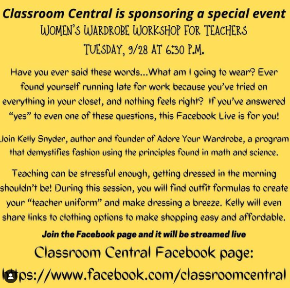 CMSBTSuccess's tweet photo. Need a fashion consultant? Would you like to hear from a stylist tonight at 6:30 PM?
Join our partners @classrmcentral on their Facebook page for a live stream from Kelly Snyder.
#cmsbtds #classroomcentral https://t.co/R5JAFy8DjS