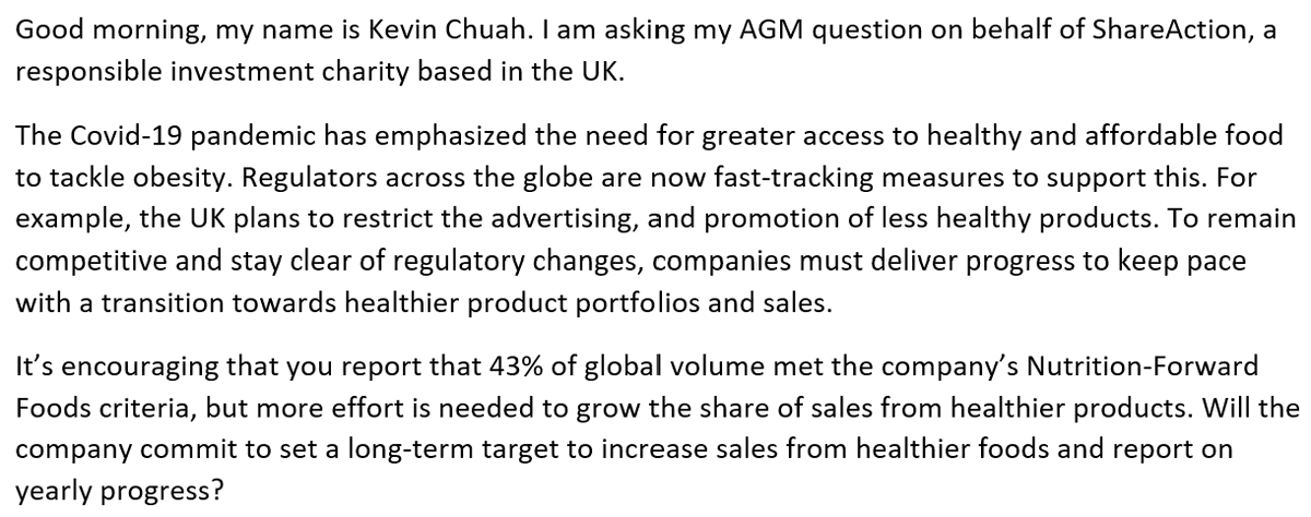 KevChuah's tweet photo. Wow, @GeneralMills shareholder meeting lasted 17 mins. 

They "didn't have time" to answer my q (on behalf of @ShareAction) on plans to tackle obesity &amp; move to healthier products. Would the company care to respond? #HealthMarkets https://t.co/EI2SYq6hdh