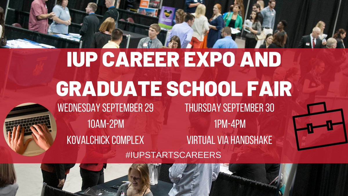 The countdown continues! Tomorrow, on Wed, 9-29, the 1st day of the IUP Career Expo and Graduate School Fair is in person at the Kovalchick Complex from 10am – 2pm. The event continues virtually via Handshake the next day, on Thurs, 9-30, from 1 pm – 4 pm! #IUPStartsCareers