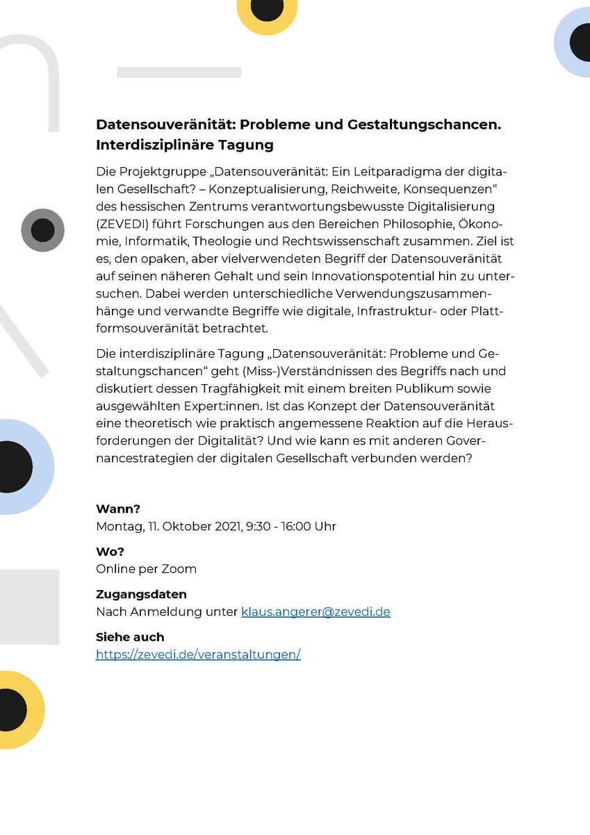 eug_de's tweet photo. Das »Zentrum verantwortungsbewusste #Digitalisierung« (@TUDarmstadt) lädt ein zur Zoom-Tagung am 11.10.; Thema: #Datensouveränität (#datasovereignty). Mit Oliver Schlaudt, Marit Hansen, @nilsurbach und @rikefranke. Gerne retweeten und weitersagen❗️ 

➡️ https://t.co/byK71JUhET https://t.co/9bKeYPuOry