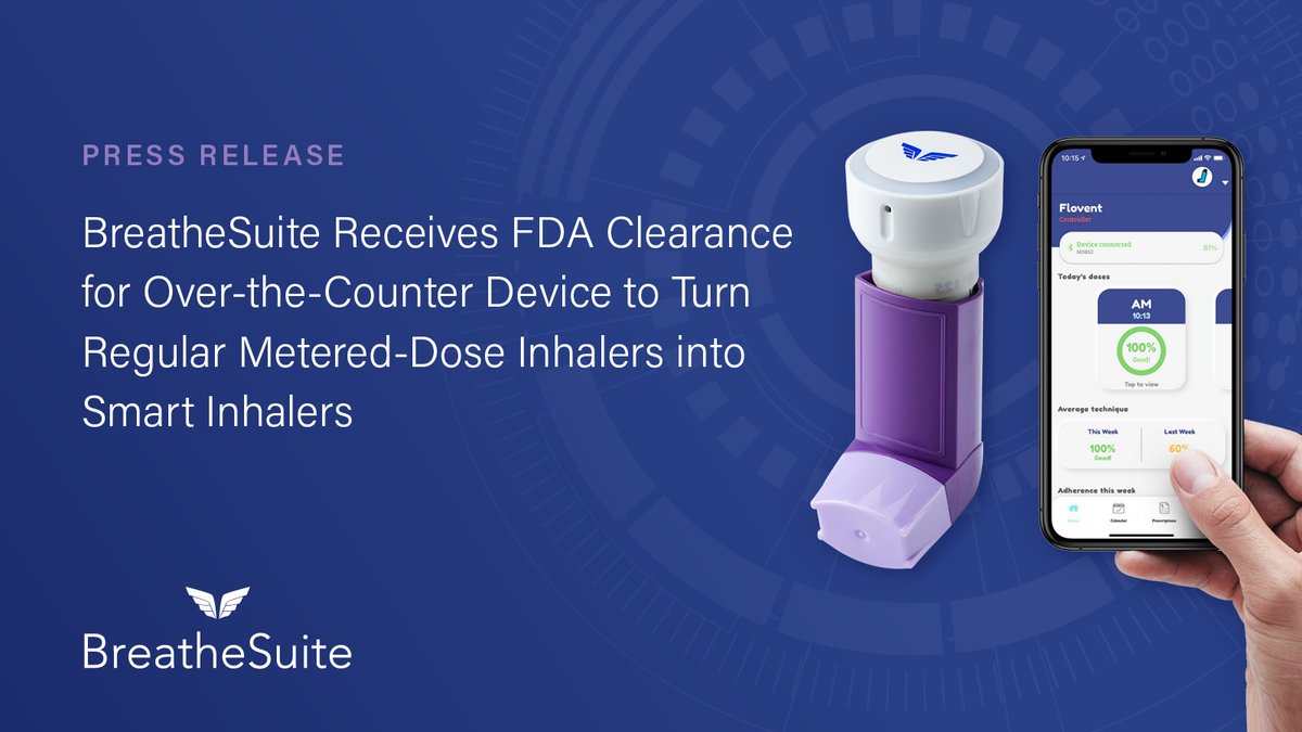 .<a href="/BreatheSuite/">BreatheSuite</a> is excited to announce we have received 510(K) clearance from the <a href="/US_FDA/">U.S. FDA</a> for our BreatheSuite Metered-Dose Inhaler (MDI) V1 device, which monitors and provides feedback on inhaler adherence and technique for people with #asthma and #COPD. bit.ly/39H2uxy