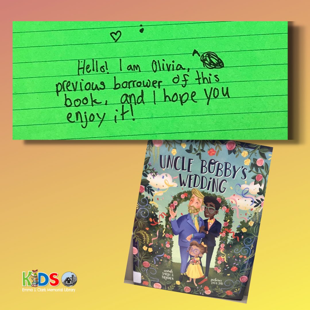 Escml's tweet image. Love finding notes in books - thank you, Olivia! 🥰
And Uncle Bobby’s Wedding by Sarah S. Brannon is indeed a great book!

@SarahBrannen 
#SpecialNote #ThankYou #LoveOurPatrons #EmmaKids