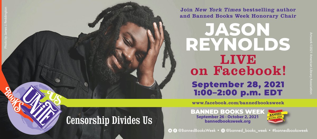 OIF's tweet photo. Happening today on the #BannedBooksWeek Facebook page! Join @BannedBooksWeek Honorary Chair @JasonReynolds83 at 12 p.m. CT in a conversation about censorship, young people’s literature, and the ways that #BooksUniteUs. Add the event to your calendar: https://t.co/R8r9ua9L5O https://t.co/xEQFDCb8jP