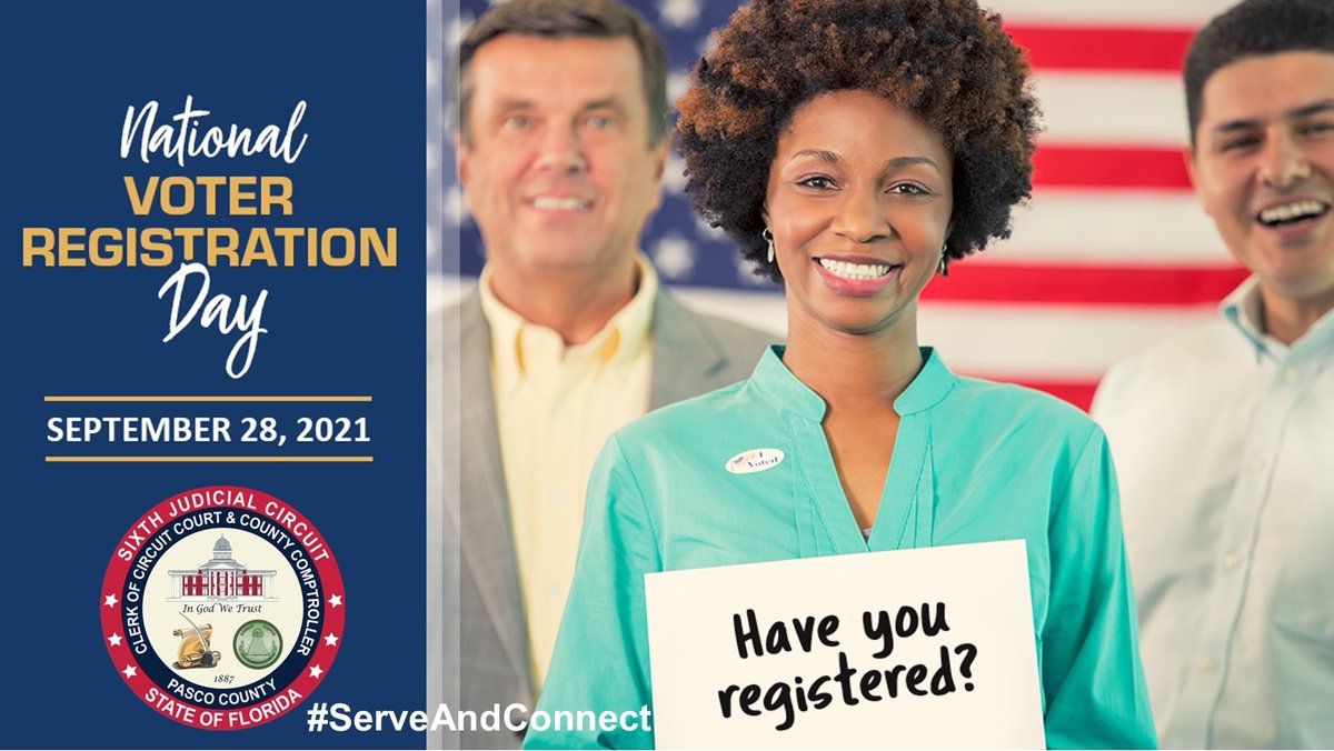 pascoclerk's tweet photo. Good to know: It’s #NationalVoterRegistrationDay ! According to U.S. Census data from 2020, as many as 1 in 4 eligible Americans are not registered to vote. Today, the Office Pasco County Clerk &amp; Comptroller encourages you to register. Let your voice ring out!
#ServeAndConnect https://t.co/UCHmHkiVKk