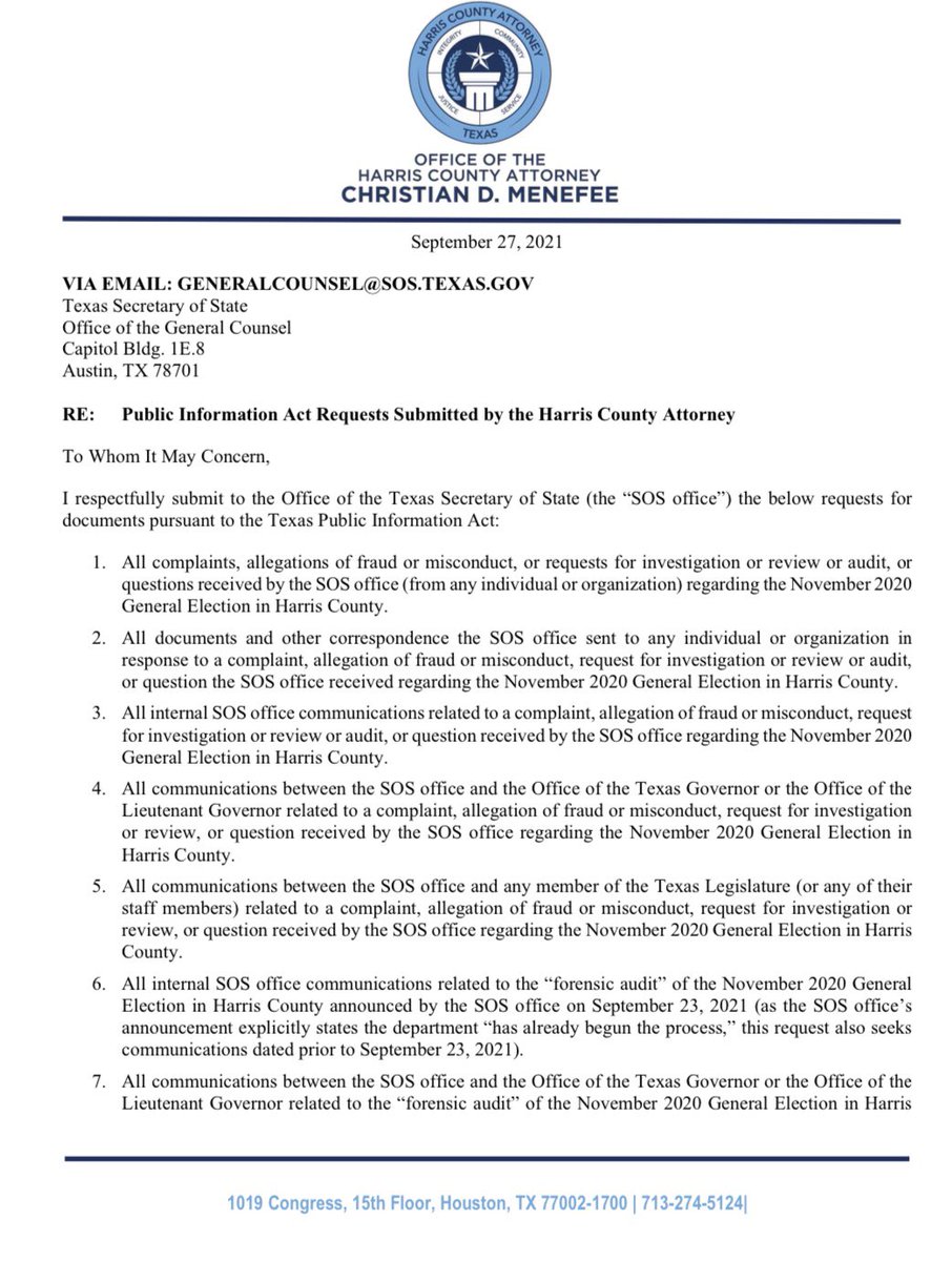 CDMenefee's tweet photo. NEW: @GregAbbott_TX and his SOS office are telling the public the SOS’s “audit” of the 2020 election has been going on for months. 

I sent the SOS a demand for their internal documents to confirm whether that’s true, and to get answers since we’ve heard nothing about this audit. https://t.co/RVCsUCcNh6