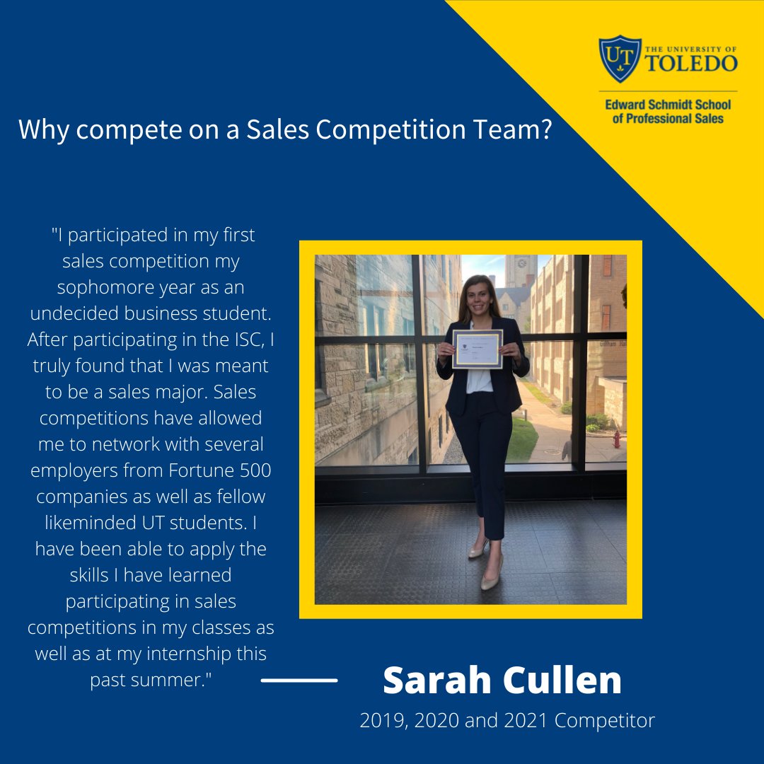UToledoESSPS's tweet photo. Sales competition are the ultimate sales learning experience here at the ESSPS.

Hear what got past competitor Sarah Cullen involved, and what keeps her comping back!

Applications for Sales Competition Team are due TONIGHT at 11:59 P.M. EST. Application link in bio. https://t.co/MLTdvakGOo