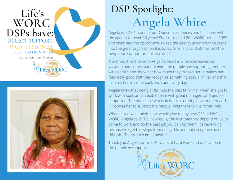 lifesworc's tweet photo. Our #DSPs find inspiration in the work they do every day, which contributes to their dedication. Angela White has been a #DirectSupportProfessional for Life's WORC for 30 years! Thank you Angela for all you do. #DSPAppreciation #OurDSPsHaveHeart https://t.co/BS1LJLMDQv