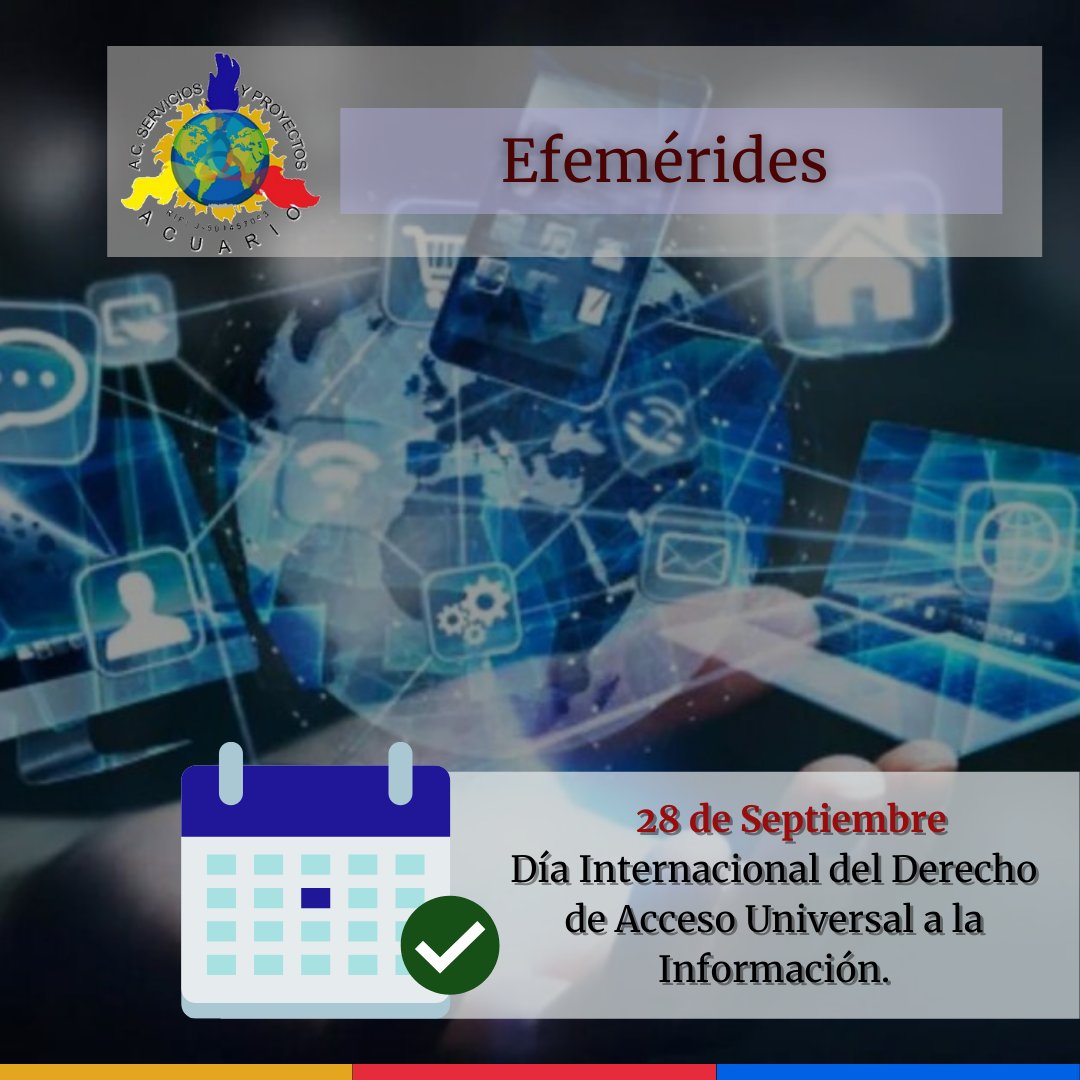 SYP_ACUARIO's tweet photo. #Efemérides🗓: El Día Internacional del Acceso Universal a la Información​ es una fecha de reconocimiento designado por la Conferencia General de la UNESCO. Se celebra tal día como hoy, 28 de septiembre.
#Acuario #Efemérides #Información https://t.co/xxMKoV3fH1