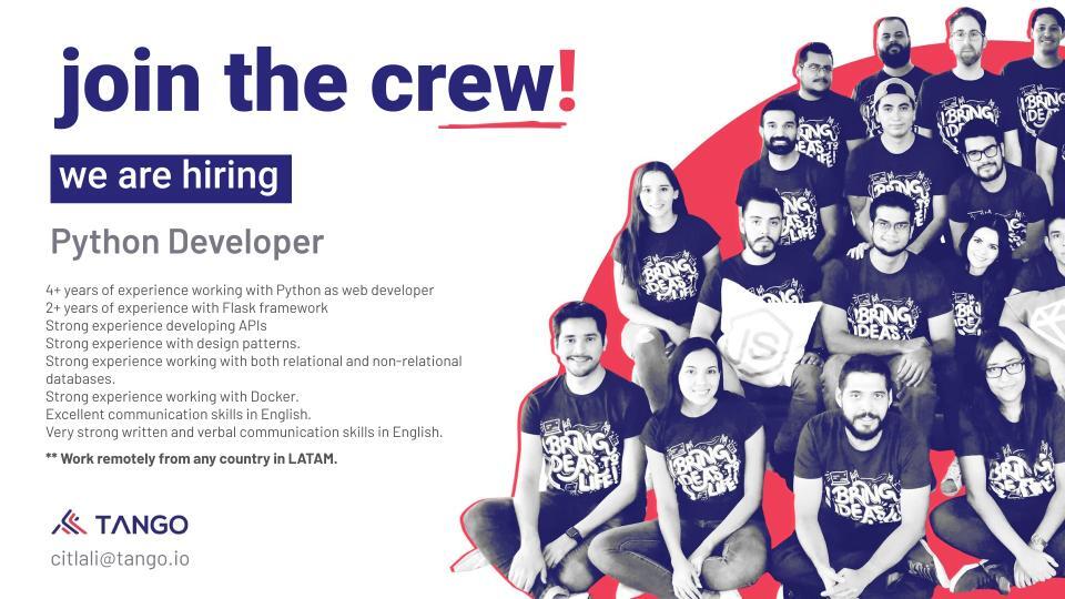 tango_io's tweet photo. #Nowhiring #PythonDevelopers!
Apply here: https://t.co/zqv59xGx2O
#django #djangodeveloper #python #pythonlearning #reactjs #gcpengineer #GCP #passion4people #passion4product #geekout #latamhiring #remoteteams #remotehiring #remotedevs #latam #latinamerica #latamjobs #hiring https://t.co/ko5Orq5SXZ