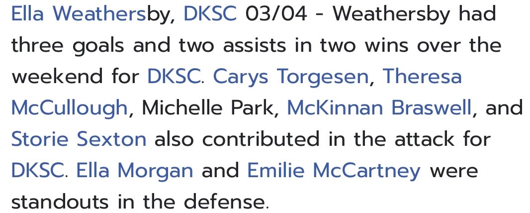 Excited to be named to the @TopDrawerSoccer weekly standouts with my awesome teammates! @theresa_mcc @michellepak03 @MckinnanB @StorieSexton @_ellamorgan_ @McCartneyEmilie @DKSC_official #dkscstrong