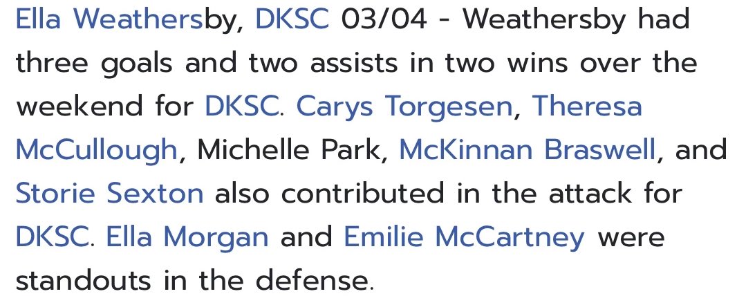 Ella Weathersby (@ella_weathersby) on Twitter photo Excited to be named to the <a href="/TopDrawerSoccer/">TopDrawerSoccer</a> weekly standouts with my awesome teammates! <a href="/theresa_mcc/">theresa mccullough</a> <a href="/michellepak03/">michelle pak</a> <a href="/MckinnanB/">McKinnan Braswell</a> <a href="/StorieSexton/">Storie Sexton</a> @_ellamorgan_ <a href="/McCartneyEmilie/">Emilie McCartney</a> <a href="/DKSC_official/">D'Feeters Kicks Soccer Club</a> #dkscstrong Excited to be named to the <a href="/TopDrawerSoccer/">TopDrawerSoccer</a> weekly standouts with my awesome teammates! <a href="/theresa_mcc/">theresa mccullough</a> <a href="/michellepak03/">michelle pak</a> <a href="/MckinnanB/">McKinnan Braswell</a> <a href="/StorieSexton/">Storie Sexton</a> @_ellamorgan_ <a href="/McCartneyEmilie/">Emilie McCartney</a> <a href="/DKSC_official/">D'Feeters Kicks Soccer Club</a> #dkscstrong