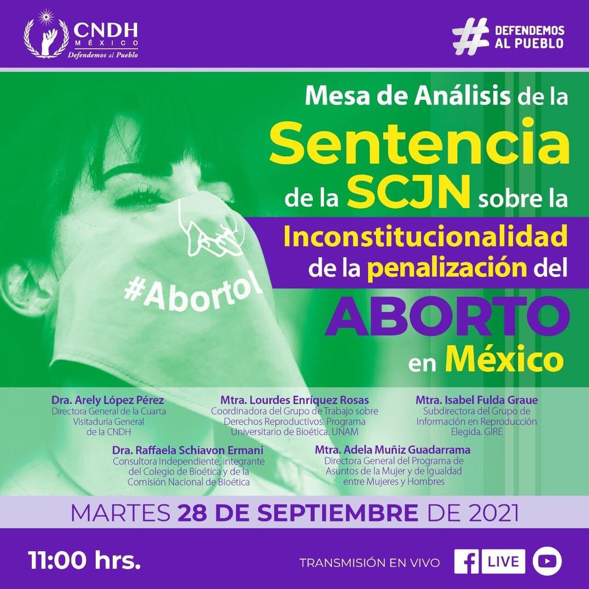 Mesa de análisis: “Sentencia de la SCJN sobre la inconstitucionalidad de la penalización del aborto en México”. Participa <a href="/IFulda/">Isabel Fulda</a>, subdirectora de GIRE.
📅 28 de sept 
⏰ 11 hrs
🔴 Transmisión en vivo
👇🏾
facebook.com/CNDHmx