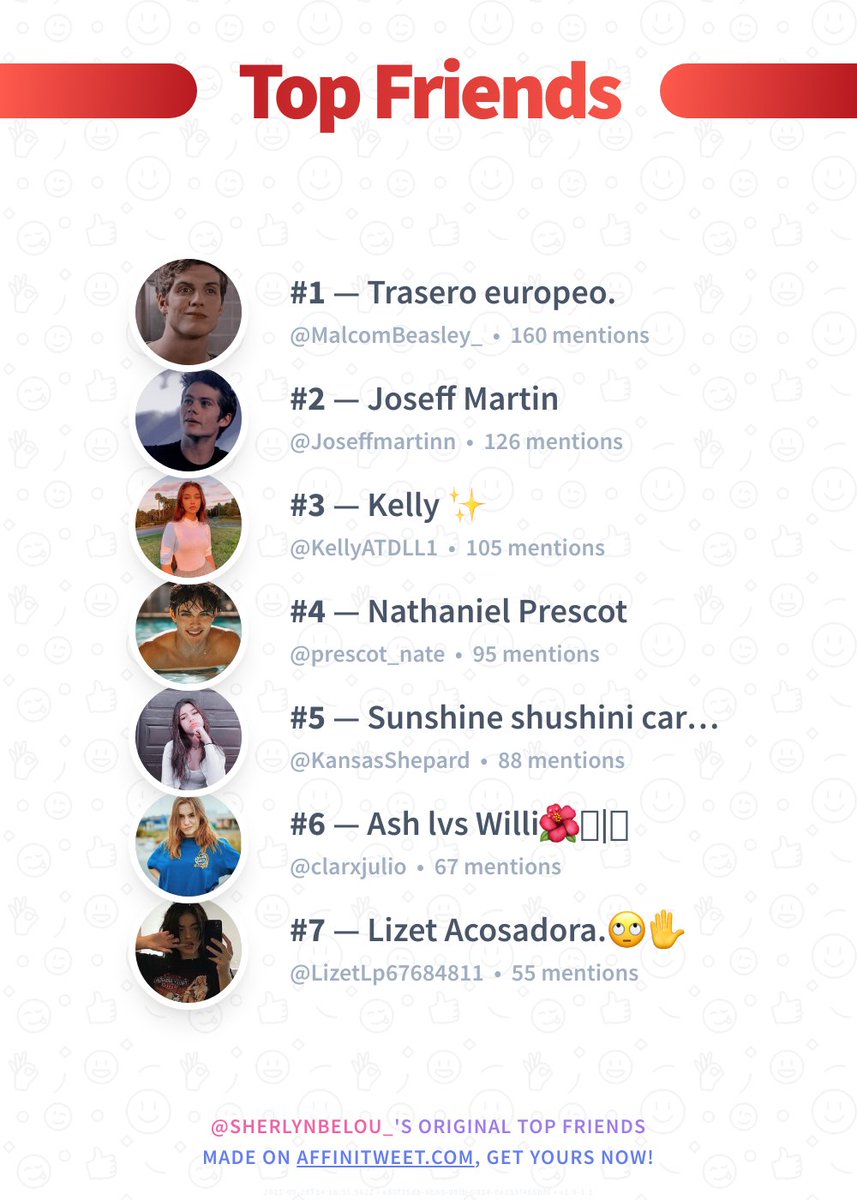 ✨ Top Friends

🥇 MalcomBeasley_
🥈 Joseffmartinn
🥉 KellyATDLL1
🏅 prescot_nate
🏅 KansasShepard
🏅 clarxjulio
🏅 LizetLp67684811

➡️ affinitweet.com/top-friends
