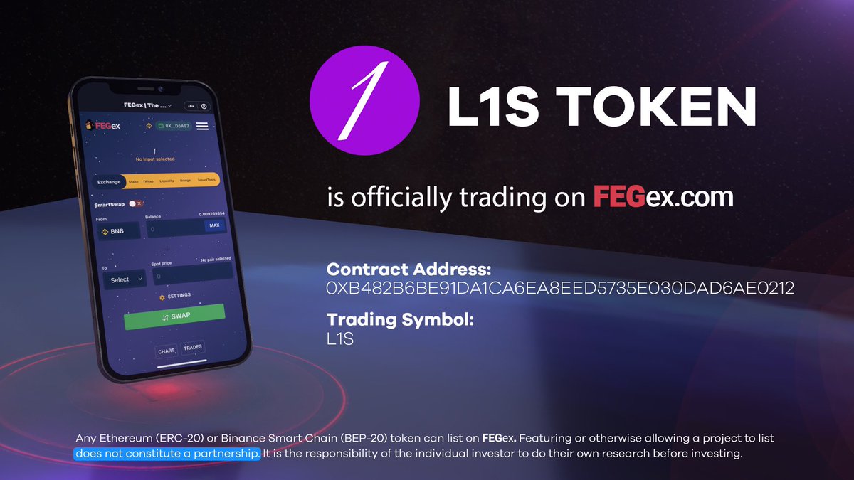 FEGtoken's tweet photo. 🎉 *NEW* #FEGex listing! The #FEGarmy would like to extend a warm welcome to…

@L1SToken | #L1S
🚨NOW LISTED ON https://t.co/S1dd7dn486!

Thanks for accepting our invite to #ListOnFEGex! 😊

#BringingDeFiTogether #DeFi #crypto #BTC #ETH #BNB #BinanceSmartChain #BSC #Solana https://t.co/S4tSLivm6k