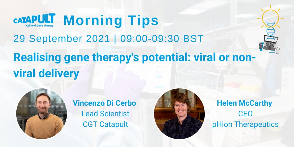 Cell and Gene Therapy Catapult (@cgtcatapult) on Twitter photo There's still time to join the next CGTC Morning Tips #webinar tomorrow addressing the viral vs non-viral delivery in #genetherapy🧬☕
Speakers: Vincenzo Di Cerbo, Lead Scientist at CGTC joined by Helen McCarthy, CEO at <a href="/pHionTx/">pHion Therapeutics</a>.
Register now to join us! bit.ly/2XUQrKm There's still time to join the next CGTC Morning Tips #webinar tomorrow addressing the viral vs non-viral delivery in #genetherapy🧬☕
Speakers: Vincenzo Di Cerbo, Lead Scientist at CGTC joined by Helen McCarthy, CEO at <a href="/pHionTx/">pHion Therapeutics</a>.
Register now to join us! bit.ly/2XUQrKm