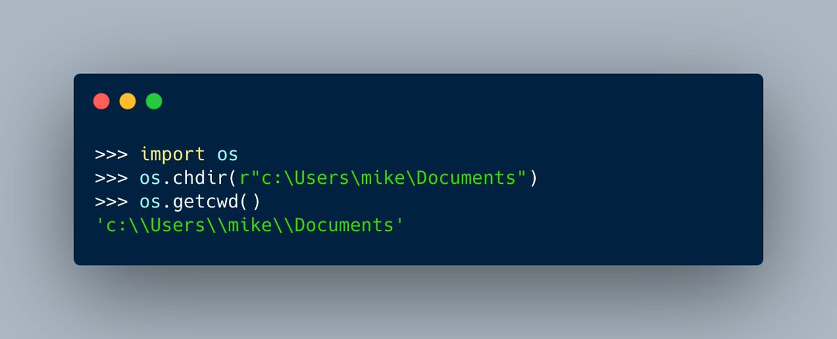 driscollis's tweet photo. You can also change your current working directory with #Python by using `os.chdir()`

Then confirm that it worked with `os.getcwd()` https://t.co/yWVcVM8E7Q