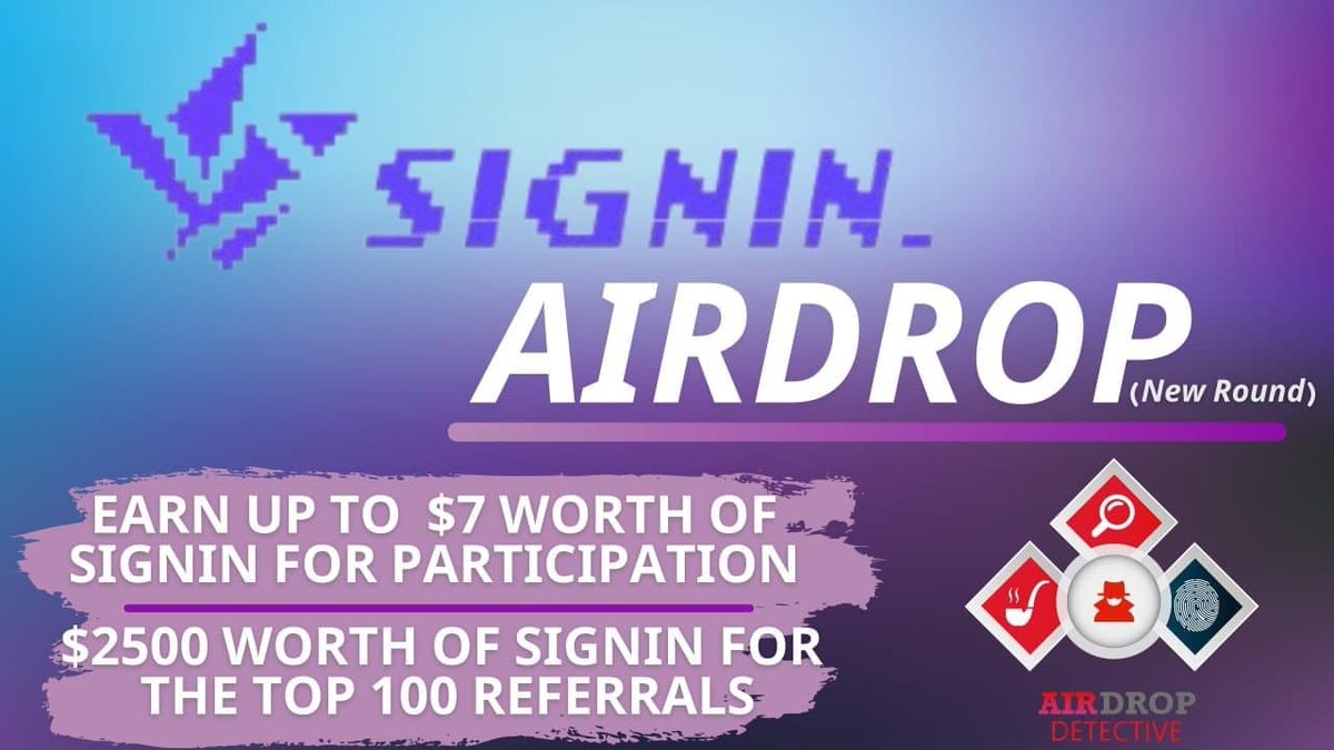 AirdropDet's tweet image. 🔍 New #Airdrop: Signin

💲Reward: Up to $7 worth of SIGNIN + $2.5K worth of SIGNIN referral pool

🔴 Start the airdrop bot: t.me/SigninAirdropN…

🔘 Do the tasks on the bot &amp;amp; submit your data

🔘 Details: youtu.be/2rjNJ-7lNE8

#Airdrops #SIGNIN #Bitcoin #AirdropDet #NFT