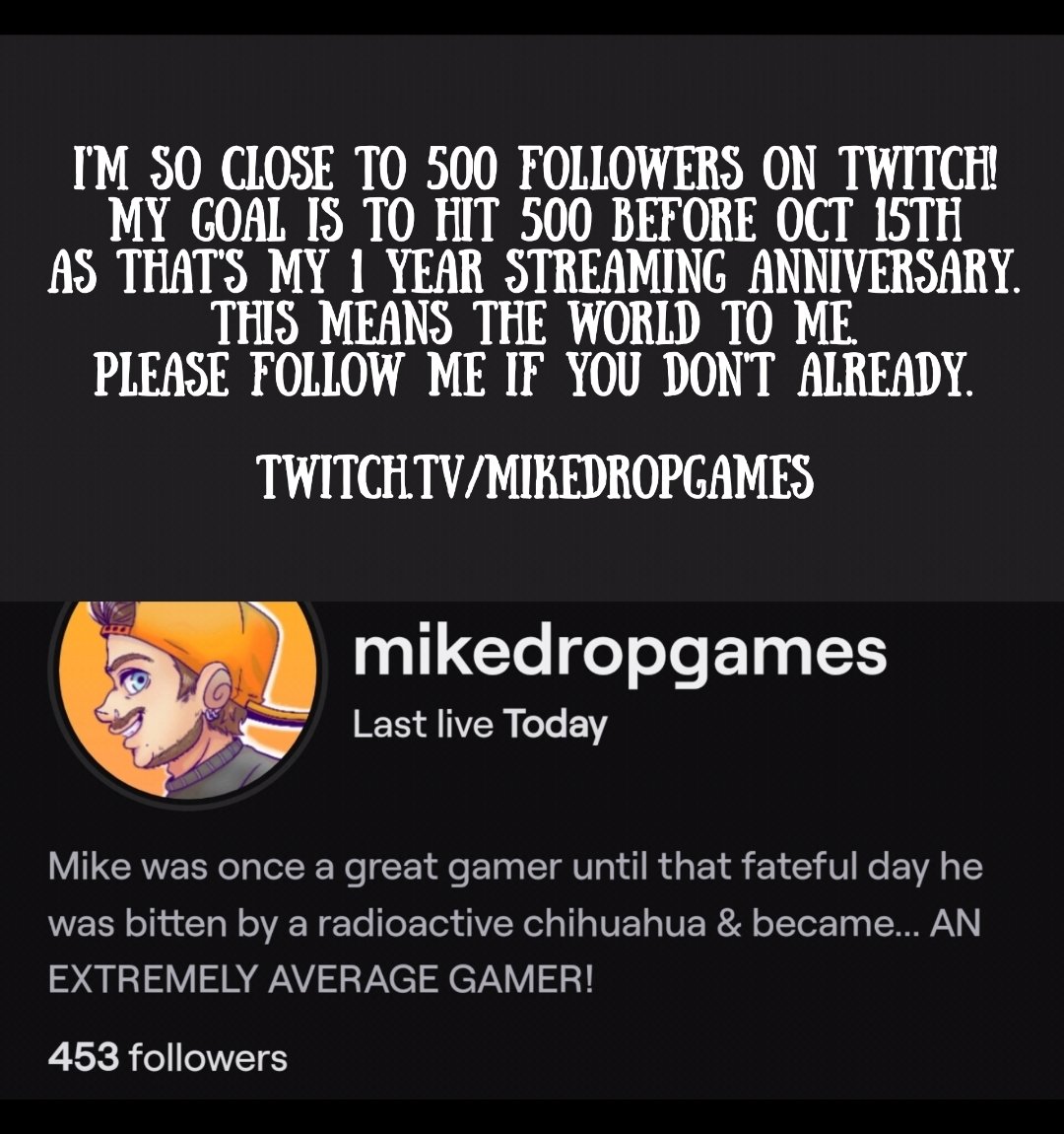 MikeDropGames's tweet photo. Can I hit my goal? Let's find out!
https://t.co/nRFkUhQLTL

#twitch #twitchanz #twitchaffiliate https://t.co/ePZ0xKxzoC