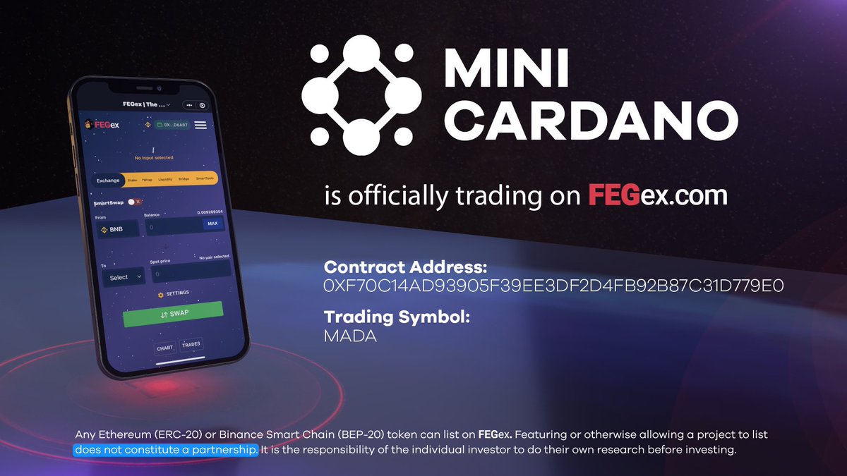 🎉 *NEW* #FEGex listing! The #FEGarmy would like to extend a warm welcome to…

<a href="/minicardano/">Mini Cardano</a> | #MADA
🚨NOW LISTED ON FEGex.com!

Thanks for accepting our invite to #ListOnFEGex! 😊

#BringingDeFiTogether #DeFi #crypto #BTC #ETH #ADA #BNB #BSC #Solana