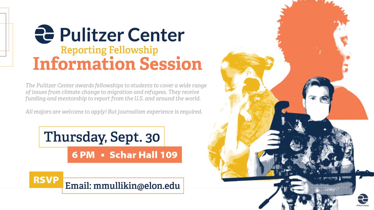 eloncomm's tweet photo. Want to make an impact reporting? Consider applying for the @pulitzercenter Reporting Fellowship! #ElonComm is hosting an INFO SESSION on Thursday, Sept. 30, at 6 p.m. in Schar Hall, room 109. Questions/RSVP: email mmullikin(at)elon(.)edu https://t.co/rUJf7UPJ1s