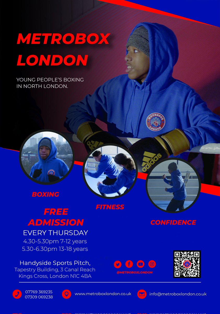 Our Sobell session for 5-11 year olds is full.  With this in mind, we are pleased to announce we have increased our age range at Handyside Centre, Kings Cross!

Same coaching team, same fun classes. Thursday at 430pm 🥊😊

<a href="/SYDRCLONDON/">SYDRC</a> <a href="/Young_Camden/">Young Camden Foundation</a> <a href="/England_Boxing/">England Boxing</a> <a href="/MPSCamden/">Camden Police</a>