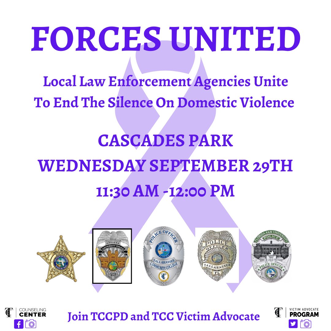 TccVAP's tweet photo. Join TCCPD and TCC Victim Advocate tomorrow at Cascades Park. Each agency will be unveiling their patrol car wrap in support of Domestic Violence Awareness month!  #DVAM21 #DVCC https://t.co/Pr4YMPGZ5R