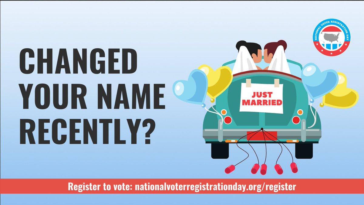 NatlVoterRegDay's tweet photo. Recently tie the knot? Are your exes sad you're off the market? Make them EXTRA jealous by not only being spouse-ready but #VoteReady, too. Be sure to update your voter registration today ESPECIALLY if you changed your name at https://t.co/LxQaSNg8L9 #NationalVoterRegistrationDay https://t.co/afp6uFoSDV