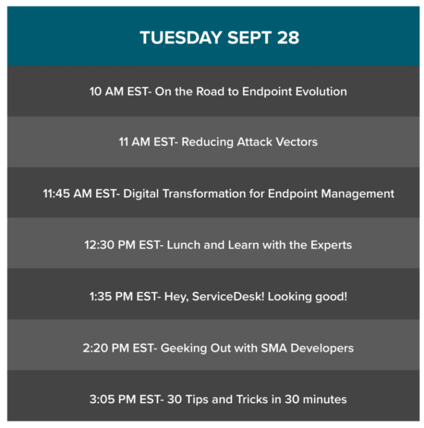 Quest's tweet photo. Which session are you looking forward to the most on Day 1 of #KACEUserKon 2021? These sessions are only available live! Keep your agenda close so that you donβt miss out on the courses on your custom learning path. https://t.co/0yXZM26Pdn